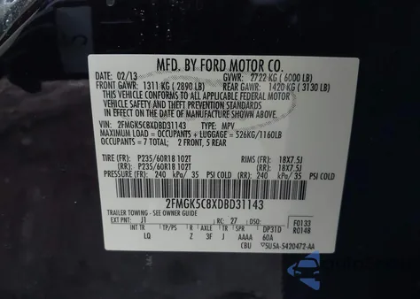 2013 Ford Flex Sel from USA, damaged, VIN 2FMGK5C8XDBD31143